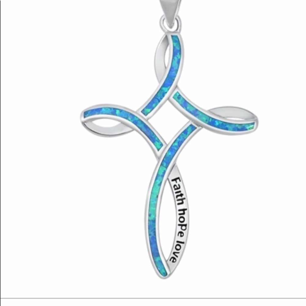 Sterling Silver Cross Pendant W/ Blue Lab Opal